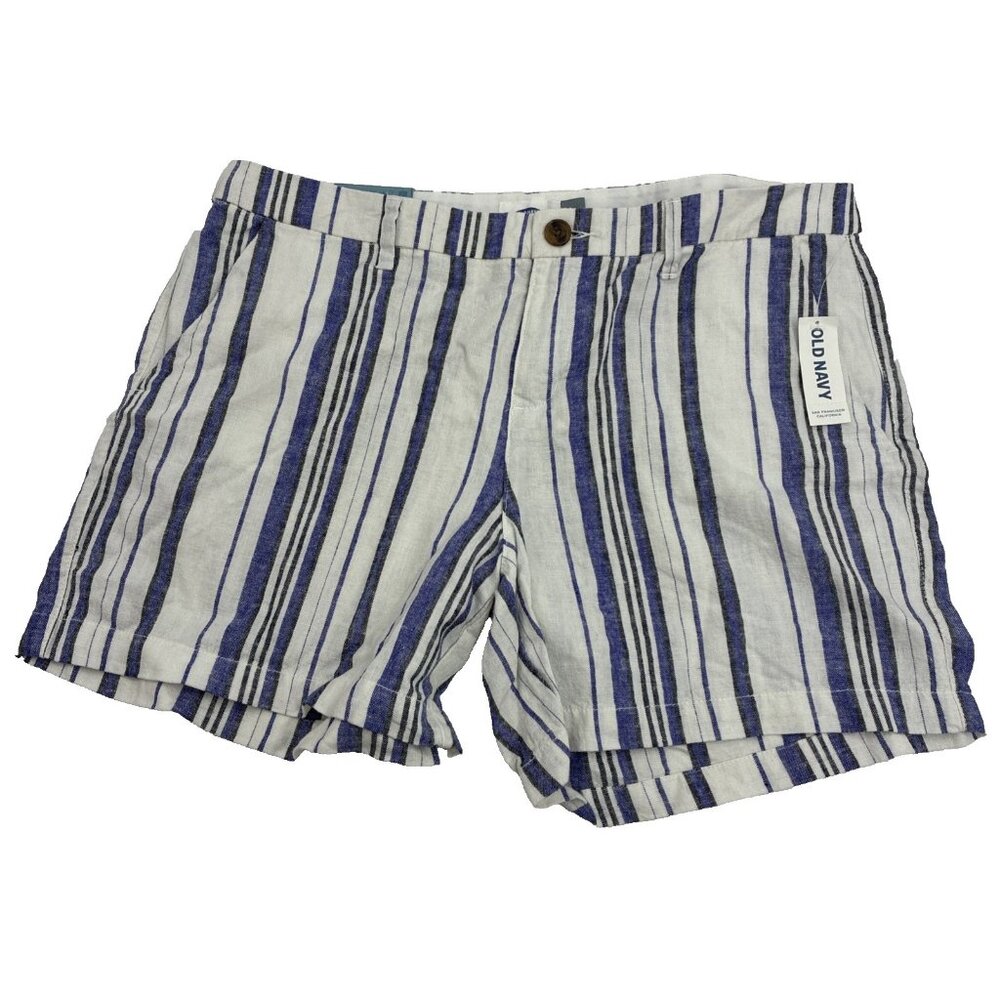 Old Navy Womens 12 Shorts Blue White Stripe Linen Blend Mid Rise Casual Summer